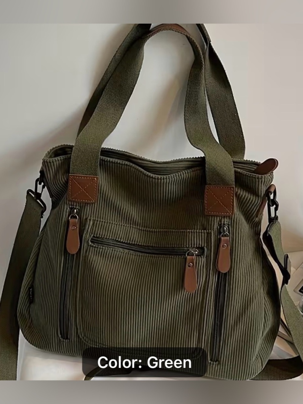 Olive Green Corduroy Tote Bag with Adjustable Strap